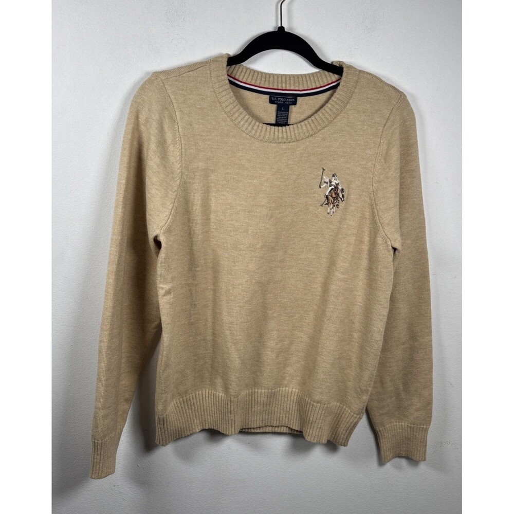 U.S. Polo Assn Womens L Beige Crew Neck Knit soft Sweater Preppy Classic Logo